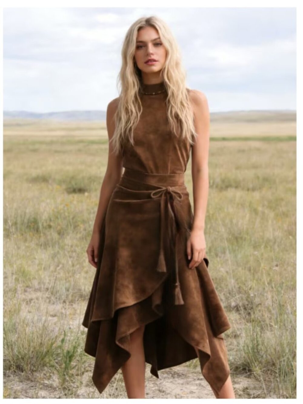 NWT Vintage Western Faux Suede Asymmetrical Midi Skirt Tassle Tie Irregular Hem
